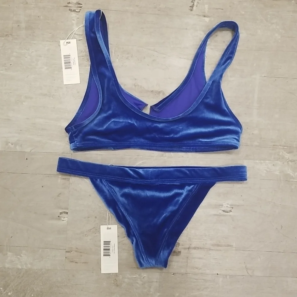 💕FRANKIE'S💕 Cole Velvet Bikini (Scoop Top + Cheeky Bottom) Pacific Blue L NWT